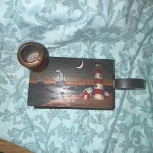 Nautical Lighthouse Match Holder Wooden Box Hand Painted Marine Scene